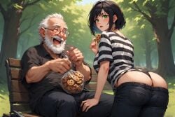 ai_generated black_and_white_stripes black_hair black_jeans black_thong bribe bribery_for_sex clothed_female clothed_male cookie emo emo_girl emo_hair emo_haircut emo_hairstyle female glasses grandpa green_eyes horny_grandpa horny_male laughing male malin_svarre_(character) old_male older_male_and_younger_female pants_down pants_partially_removed park park_bench plastic_bag t-shirt
