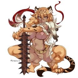 animal_ear_fluff animal_ears animal_hands blonde_hair blush breasts closed_mouth club_(weapon) commentary_request dark-skinned_female dark_skin female full_body hair_between_eyes large_breasts long_hair looking_at_viewer monster_girl_encyclopedia mr-poritan navel nipples nude ocelomeh_(monster_girl_encyclopedia) pussy simple_background smile solo spiked_club squatting suspenders tail tiger_ears tiger_girl tiger_tail uncensored weapon white_background yellow_eyes