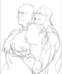 bara bara_tits big_pecs breasts dilf gay glasses grabbing_from_behind grabbing_pecs heavy_weapons_guy large_pectorals male manboobs medic_(team_fortress_2) older_male pec_grab pec_grasp pec_squeeze shirtless size_difference sketch smug team_fortress_2 windfromfareast yaoi