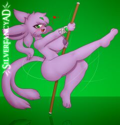 2025 anthro areola armor ass bedroom_eyes big_breasts big_butt blush bracers breasts colored_line_art dancing digital_drawing_(artwork) digital_media_(artwork) eeveelution espeon female freckles generation_2_pokemon green_background green_eyes hair heart_symbol hi_res jade_(gem) jade_crystalheart_(silverfancyarts) narrowed_eyes nintendo nude nude_anthro nude_female open_mouth pokemon pokemon_(species) pole pole_between_legs pole_dancing ponytail purple_areola purple_body quarterstaff reflection seductive shaded silverfancyarts simple_background soft_shading solo swinging thick_thighs