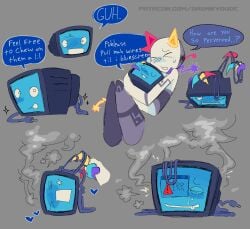 1boy1girl :3 animate_inanimate blush claws computer computer_monitor crt dizzy_eyes drunkydude english_text female hearts_around_head male monitor multiple_poses nervous objectum prototype_(regretevator) regretevator robot robot_boy scag_(regretevator) self_upload speech_bubble steaming_body text tongue_out trans_(lore) trans_woman_(lore) tv wireplay wires