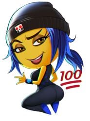 2d ;p ass bare_shoulders beanie black_legwear blue_hair brown_eyes color covered_breasts emoji emoji_(race) female female_only grin hat jailbreak kneeling legwear looking_back no_nose open_mouth ponytail shadman short_hair skull smile solo teeth the_emoji_movie tied_hair tight tongue tongue_out yellow-skinned_female yellow_skin