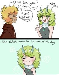 annoyed au bfdi bfdia bribery bribery_with_sex cute_face demon_girl female firey_(bfdi) firey_hair green_eyes green_hair joke leafy_(bfdi) tan_skin