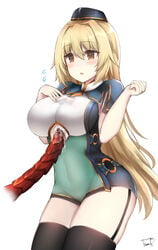 artist_name bangs blonde_hair blush breasts brown_eyes covered_navel cowboy_shot cum cum_on_body cum_on_breasts cum_on_upper_body eyebrows_visible_through_hair female flying_sweatdrops garrison_cap garter_straps granblue_fantasy hair_between_eyes hand_on_own_chest hands_up hat large_breasts linez long_hair miimu paizuri parted_lips shingeki_no_bahamut sidelocks signature simple_background solo tentacle thighhighs thighs underboob_cutout white_background