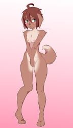 2020 anthro areola blue_eyes blush breasts brown_hair canid canine canis coffeechicken covering covering_crotch covering_self digital_media_(artwork) domestic_dog female gradient_background kess_(coffeechicken) knock-kneed mammal nipples nude shaded short_hair simple_background solo