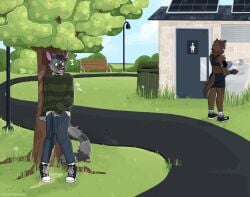 absurd_res anthro bodily_fluids bottomwear clothing denim denim_bottomwear denim_clothing domestic_cat felid feline felis footwear genital_fluids hi_res humiliation jeans male mammal outside pants public rroostersauce shoes solo sweater topwear urine watersports wetting
