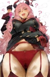 ? black_gloves blue_archive bra bra_peek breasts clothes_lift condom fangs female from_below garter_belt garter_straps gloves halo hero_neisan highres holding holding_condom horns large_breasts lifting_own_clothes long_hair mole mole_on_breast multicolored_horns necktie open_mouth panties pubic_hair pubic_hair_peek pussy_juice red_bra red_garter_straps red_halo red_horns red_necktie red_panties red_thighhighs red_wrist_cuffs satsuki_(blue_archive) skirt skirt_lift solo sweat thighhighs two-tone_horns underwear used_condom white_background wrist_cuffs