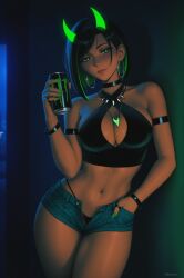 prixmal original highres 1girl against_wall arm_strap artist_name bare_shoulders black_choker black_hair breasts can chiaroscuro choker cleavage_cutout clothing_cutout contrapposto cowboy_shot criss-cross_halter crop_top dark demon_girl denim denim_shorts dim_lighting drink_can earrings film_grain fingernails glowing glowing_eyes glowing_horns green_hair green_nails halterneck hand_in_pocket highleg highleg_panties holding holding_can hoop_earrings horns indoors jewelry large_breasts light_smile linea_alba lips long_fingernails looking_at_viewer medium_hair micro_shorts midriff monster_energy multicolored_hair nail_polish navel navel_piercing necklace night open_fly panties panty_straps piercing ring shorts sleeveless solo standing swept_bangs thighs underlighting underwear unzipped wristband