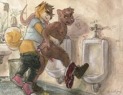 2boys anal anal_sex anthro anthro_on_anthro ass backsack balls bathroom brown_balls brown_fur brown_hair canid canine clothed clothing duo erection eyewear footwear fur gay glasses hair hand_on_butt looking_back male male_only male_penetrated male_penetrating mammal pants_down partially_clothed peeing peeing_during_sex peeing_in_ass peeing_inside penetration penis public_restroom rodent sex shoes sicklyhypnos signature standing underwear urinal urinating urinating_male urination urine urine_in_ass watersports yaoi