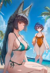 2girls ahoge ai_generated animal_ear_fluff animal_ears aqua_bikini ball bare_shoulders beach beachball bikini black_hair blue_hair blue_sky blunt_bangs breasts cleavage closed_mouth cloud collarbone covered_navel day earrings female fox_ears green_bikini green_eyes hair_ornament hikari406 holding holding_ball hoshimi_miyabi jacket jewelry large_breasts long_hair looking_at_viewer medium_breasts multicolored_hair multiple_girls navel ocean off_shoulder one-piece_swimsuit open_clothes outdoors palm_tree red_eyes short_hair side-tie_bikini_bottom sitting sky smile standing string_bikini swimsuit thighs tree uncensored white_jacket zenless_zone_zero