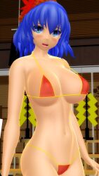 1girls 2025 3d big_breasts bikini blue_eyes_female blue_hair_female blush breasts clavicle cleavage deity female female_only hati_yukkuri_mmd headpiece headwear hips interior_background jpeg kanako_yasaka light-skinned_female midriff mmd navel open_mouth red_bikini short_hair_female shrine swimsuit touhou waist