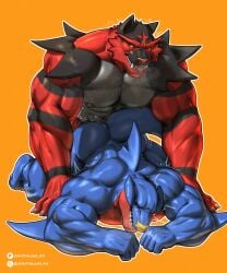 absurd_res anal anal_sex anthro anthro_on_anthro anthro_penetrated anthro_penetrating anthro_penetrating_anthro arm_fin artist_name barazoku blue_body blue_tail breath dorsal_fin duo felid fin from_behind_position garchomp generation_4_pokemon generation_7_pokemon green_eyes grey_body hi_res incineroar johnthelewd_art lying male male/male male_penetrated male_penetrating male_penetrating_male mammal marine muscular muscular_anthro muscular_male narrowed_eyes nintendo nipples nude on_front open_mouth orange_background patreon patreon_logo pecs penetration penile penile_penetration penis_in_ass pokemon pokemon_(species) pupils red_body red_nose sex simple_background slit_pupils species_request tail text x_logo yellow_eyes yellow_sclera