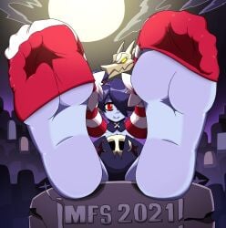 1girls 2021 barefoot cemetery cleavage feet feet_focus female female_focus female_only foot_fetish full_moon gravestone graveyard highres leviathan_(skullgirls) moon mostlyfunstuff night pigtail purple_hair purple_skin red_and_white_stockings red_eyes skullgirls soles soles_female squigly stockings striped_stockings tease teasing toes twintails zombie zombie_girl