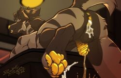 anal_beads anthro bagel bodily_fluids bread brown_body claws disembodied_penis finger_paws fingerpads flaccid food genital_fluids genitals hi_res hyena male mammal pawpads penis sex_toy striped_hyena urine watersports yellow_body yellow_claws yellow_eyes yellow_skin