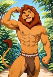 abs ai_generated anthro anthro_male balls biceps big_balls blush bulge flexing_arms furry gay lion loincloth looking_at_viewer male male_only mane mufasa muscular muscular_male nipples nude_male open_mouth pecs red_eyes safari smile the_lion_king toned_body toned_male twall97