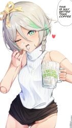 absurdres black_shorts cecilia_immergreen commission commissioner_upload cum cum_bubble cum_in_container cum_in_mouth cum_on_clothes cumdrip doll_joints english_text female glass gokkun green_eyes green_hair heart highres hololive hololive_english hololive_english_-justice- joints non-web_source one_eye_closed shorts snot solo speech_bubble sweater takoroki white_hair white_sweater winding_key