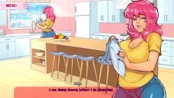 1boy apple balls banana blue_eyes blue_pants breasts bulge choker cleavage denim denim_shorts english_text erection erection_under_clothes fake_screenshot faucet female food fruit holding indoors jasmine_(milftoon_grounded) jeans jewelry kitchen large_breasts lips long_hair looking_at_viewer makeup male medium_hair meme milf milftoon milftoon_grounded nail_polish pants parted_lips penis pink_hair poison_(final_fight) ring shirt short_sleeves shorts sink solo standing subtitled testicles tile_floor tiles uncensored window yellow_shirt