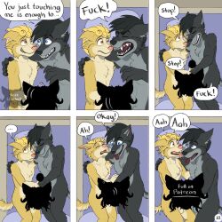 1:1 anthro artist_logo balls barely_visible_balls barely_visible_genitalia bed black_hair blonde_hair blue_eyes border_collie brown_eyes canid canine canis censored cheek_tuft closed_eyes collie comic dialogue domestic_dog duo ellipsis english_text facial_tuft fangs fur furniture genitals grey_body grey_fur hair handjob herding_dog hi_res husky hybrid jeremy_(kriek_wildebeest) kriek_wildebeest logo logo_censor male male/male mammal multiple_scenes nordic_sled_dog nude on_bed pastoral_dog penile penis profanity scared sex sharp_teeth sheepdog six_frame_image speech_bubble spitz tail teeth text tom_(kriek_wildebeest) tongue tongue_out tuft wolf yellow_body yellow_fur