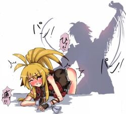 1boy 1girls 2008 ass ass_spank ass_up bandai_namco beaded_bracelet bent_over blonde_hair blush bracelet capcom china_dress clenched_teeth female femsub fingerless_gloves full-face_blush gloves high_ponytail jacket long_hair male maledom namco_x_capcom one_eye_closed parted_lips ponytail project_x_zone red_eyes reiji_arisu sasamashin sleeveless_jacket spanking tears xiaomu