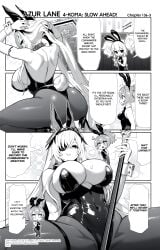 2girls 4koma animal_ears ass azur_lane bare_shoulders blush breasts cg chibi cleavage comic covered_navel detached_collar english_text eyepatch fake_animal_ears fake_tail female fritz_rumey_(azur_lane) fritz_rumey_(schwarzes_kaninchen)_(azur_lane) gloves greyscale hairband high_heels highleg highleg_leotard holding large_breasts leotard long_hair looking_at_viewer mole monochrome multiple_girls open_mouth pantyhose playboy_bunny pole pole_dancing ponytail rabbit_ears rabbit_tail smile speech_bubble spread_legs squatting strapless strapless_leotard stripper_pole tail very_long_hair wrist_cuffs