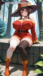 1girls 2025 ai_assisted ai_generated alternate_breast_size anime artist_name bamboo bamboo_forest bandaged_arm bandaged_leg bandages bare_shoulders bare_tree belt big_breasts big_chest black_legwear boots branch breast breasts brown_hair bush bust busty cape chest christmas_tree collar dress explicit female female_only fingerless_gloves flower_pot foliage forest gloves grass hat hi_res high_quality high_resolution highres huge_breasts jungle kono_subarashii_sekai_ni_shukufuku_wo! large_breasts leaf light-skinned_female looking_at_viewer megumin moss nature on_ground orange_footwear outdoors palm_leaf palm_tree patreon patreon_username plant potted_plant red_dress red_eyes sarashi short_hair short_hair_with_long_locks single_thighhigh sitting skypassion smile solo stable_diffusion staff tanzaku thighhighs tree tree_shade tree_stump under_tree vines watering_can watermark witch_hat