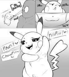 annoyed_expression armpit_fetish armpits chest_tuft comic_page crotch_tuft dibujito greyscale grin human looking_at_viewer mouse pikachu pokemon pokemon_(species) pokemon_speak presenting presenting_armpit smug smug_face sweat yawn
