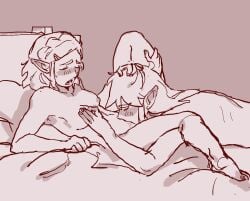 1boy 1boy1girl 1girls bed bed_sheet between_legs blonde_hair blush braided_hair breast_grab breasts breath_of_the_wild closed_eyes cunnilingus ear_blush erect_nipples female female_pubic_hair full-face_blush hand_on_another's_head hand_on_another's_leg highres laenarra lighting link link_(breath_of_the_wild) link_(tears_of_the_kingdom) long_hair looking_pleasured lying lying_on_back lying_on_bed lying_on_stomach male monochrome nipple_tweak nipples princess_zelda pubic_hair pubic_hair_peek romantic romantic_couple sheet_grab small_breasts spread_legs straight sweatdrop tears_of_the_kingdom the_legend_of_zelda wholesome zelda_(breath_of_the_wild) zelda_(tears_of_the_kingdom)