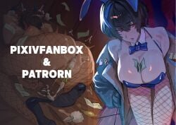 absurdres after_sex animal_ears ass back bare_shoulders bed between_breasts black_hair blue_bow blue_bowtie blue_jacket blue_leotard blue_nails blush bow bowtie breasts cicada_(nnakqr5n6q9p2ht) cleavage collar commentary_request condom cum cum_on_ass cum_on_body cumdrip fake_animal_ears female female_ejaculation female_pubic_hair fishnet_thighhighs fishnets guilty_gear guilty_gear_strive hair_between_eyes high_heels highres indoors jacket large_breasts leotard lying money money_between_breasts multicolored_hair on_bed on_stomach open_clothes open_jacket paid_reward_available pillow playboy_bunny prostitution pubic_hair rabbit rabbit_ears red_bow red_bowtie red_eyes short_hair solo steam steaming_body straight streaked_hair sweat sweatdrop thick_thighs thigh_gap thighhighs thighs tomboy top-down_bottom-up unika_(guilty_gear) used_condom white_collar wrist_cuffs