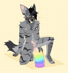 aardwolf alternative_fashion anal anthro big_dildo bodily_fluids dildo ed_(rroostersauce) emo eyewear genital_fluids glasses hi_res huge_dildo hyena male mammal mastectomy_scar masturbation piercing precum rroostersauce scar sex_toy solo