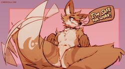 anthro anus ass black_nose blush brown_body brown_fur canid canine canis cantio_(lawyerdog) collar coyote dialogue english_text fur hi_res lawyerdog male mammal nude null pink_background presenting_crotch simple_background solo speech_bubble tail text white_body white_fur