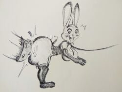 2023 absurd_res anthro ass big_breasts big_butt blush breasts buckteeth butt_slap clothing collar disney female footwear hi_res judy_hopps lagomorph leash leporid mammal open_mouth paddle pikapika212 rabbit slap solo spanking teeth tongue tongue_out topwear traditional_media_(artwork) zootopia