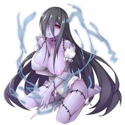 areolae barefoot black_hair black_sclera blue_skin breasts brll feet female hair_in_mouth hair_over_one_eye large_breasts long_hair looking_at_viewer monster_girl nipples red_eyes soles solo stitches toes tokyo_tenma torn_clothes very_long_hair