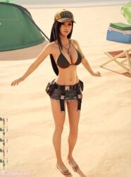 3d 3d_(artwork) beach beach_background belly bikini darkbahamuth female final_fantasy final_fantasy_vii midriff pinup skirt tifa_lockhart