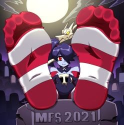 1girls 2021 cemetery cleavage feet feet_focus female female_focus female_only foot_fetish full_moon gravestone graveyard highres leviathan_(skullgirls) moon mostlyfunstuff night pigtail purple_hair purple_skin skullgirls soles soles_female squigly stocking_feet tease teasing toes twintails zombie zombie_girl