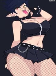 1girls 2025 black_hair black_panties breasts cleavage collar ear_piercing facial_scar fangs female fingerless_gloves fishnets gloves goth heterochromia licking_fingers looking_at_viewer miko_(ryukman) miniskirt navel open_mouth original panties pantyshot piercing pointy_ears ryukman saliva scar skirt spiked_collar tagme thick_thighs thighs tongue tongue_out watermark