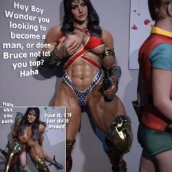2_panel_comic 3d abs alcohol alternate_costume alternate_outfit beer bored bored_expression bored_sex breasts breasts_out dc dc_comics diana_prince dick_grayson doggy_style dominant_female drinking drunk female grabbing_own_breast hdregrets male muscular muscular_female one-piece_swimsuit robin_(dc) robin_(dick_grayson) sex slutty_costume swimsuit text wonder_woman wonder_woman_(series)