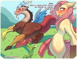 absurd_res animal_genitalia animal_penis anus ass balls blush blush_lines bodily_fluids canine_genitalia canine_penis chimera discord_(mlp) draconequus dripping duo english_text equid equine equine_genitalia equine_penis erection femboy feral fluttershy_(mlp) friendship_is_magic ftm_crossgender genital_fluids genitals hasbro hi_res horn horse knot knotted_penis looking_at_another lying male mammal my_little_pony nepentz nude on_side open_mouth outside patreon_url penis pony precum precum_drip puffy_anus rear_view rule_63 smile standing text url wings