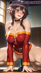 1girls 2025 ai_generated artist_name bare_shoulders barefoot belt blush breasts breasts breasts brown_hair bust chest collar dress electroworld female hi_res high_quality high_resolution highres indoors kono_subarashii_sekai_ni_shukufuku_wo! legs_apart legs_spread megumin motion_lines off-shoulder_dress open_legs patreon patreon_username pussy_juice rain red_dress red_eyes short_hair short_hair_with_long_locks solo splayed_legs spread_legs squatting stable_diffusion sweat trembling watermark
