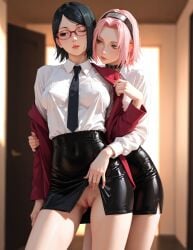 2girls aged_up ai_generated alternate_costume anime_girl boruto:_naruto_next_generations clothed clothed_female cute cute_girl female hentai large_breasts messy_hair naruto naruto_(series) naruto_shippuden office_clothing presenting_pussy sakura_haruno sarada_uchiha school_uniform showing_pussy skirt skirt_lift teen teen_girl teenage_girl time_paradox uniwaifu
