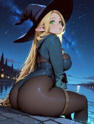 1girl ai_generated arlequin097 ass ass_focus black_gloves black_headwear black_leotard black_pantyhose blonde_hair blue_leotard blush bodystocking breasts bright_pupils closed_mouth delicious_in_dungeon elf elf_ears elf_female from_behind gloves green_eyes hand_on_own_arm hat highleg highleg_leotard huge_ass lake large_breasts leotard lips long_hair long_sleeves looking_at_viewer looking_back marcille_donato night night_sky outdoors pantyhose parted_bangs pointy_ears reflective_water shooting_star shrug_(clothing) sitting sky soaking_feet solo star_(sky) starry_sky thick_thighs thigh_strap thighlet thighs very_long_hair water witch witch_hat