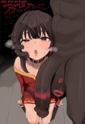 1boy 1girl 1girls ai_generated black_hair blush brattyanny choker collar dress english_text erection female fingerless_gloves gloves hetero kono_subarashii_sekai_ni_shukufuku_wo! male megumin open_mouth penis red_dress red_eyes run short_dress short_hair single_thighhigh solo_focus tagme text thighhighs