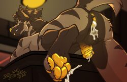 anal_beads anthro bagel bodily_fluids bread brown_body claws disembodied_penis finger_paws fingerpads flaccid food genital_fluids genitals hi_res hyena male mammal pawpads penis sex_toy striped_hyena urine watersports yellow_body yellow_claws yellow_eyes yellow_skin