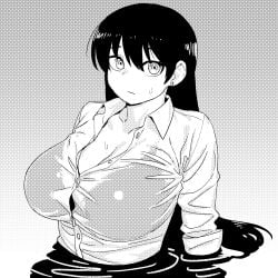 1girls arato_nagi bra_visible_through_clothes breasts button_gap cleavage closed_mouth collared_shirt dress_shirt earrings female greyscale highres jewelry large_breasts long_hair long_sleeves monochrome nagi_arato onsen_tamago_(hs_egg) partially_submerged partially_unbuttoned ruri_no_houseki ruri_rocks screentones see-through_clothes see-through_shirt shirt solo wet wet_clothes wet_shirt