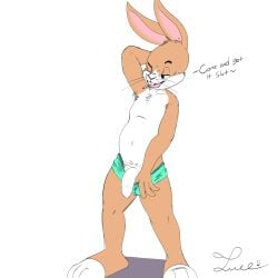 1:1 absurd_res anthro armpit_hair balls body_hair buckteeth cigarette clothing clothing_pull dialogue flashing foreskin genitals hand_behind_head hi_res lagomorph leporid male mammal one_eye_closed penis presenting presenting_penis pubes rabbit smoking solo tapering_penis teeth twerpishimp uncircumcised underwear underwear_pull whiskers wink