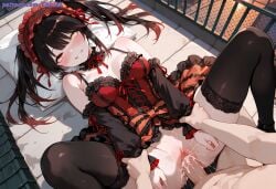 1boy 1girls ai ai_generated anime anime_style black_hair blush chiriai choker clothed_female_nude_male cum_in_pussy date_a_live detatched_sleeves dress eyes_rolling_back female frilled_choker frilled_dress frilled_sleeves frills grin grinning headwear heterochromia high_resolution highres holding_another's_wrist in_heat large_penis legs_apart legs_spread male missionary missionary_position missionary_sex nude_male on_back patreon patreon_username penis pov pussy red_dress ribbon ribbons rolling_eyes sleeveless_dress thighhighs tokisaki_kurumi twintails vaginal_penetration wide_hips wrist_grab you