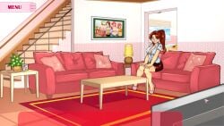 barefoot breasts brown_eyes brown_hair cleavage couch diane_(milftoon_(grounded) female food glasses high_ponytail indoors lamp large_breasts legs long_hair looking_at_viewer milftoon milftoon_grounded miniskirt necktie pencil_skirt pillow plant ponytail potted_plant shirt shorts sitting skirt slippers smile solo stairs table white_shirt