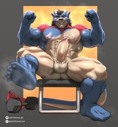 abs absurd_res anthro artist_name balls barazoku black_hair blue_body blue_fur canid canine dragon erection feet front_view fur genitals glans grin hair hi_res horn humanoid_genitalia humanoid_penis hybrid johnthelewd_art leg_markings looking_at_viewer male mammal markings multicolored_body multicolored_fur muscular muscular_anthro muscular_male mythological_creature mythological_scalie mythology nipples nude patreon patreon_logo pecs penis pink_nipples purple_eyes red_body red_fur scalie short_hair sitting smile socks_(marking) soles solo tan_balls tan_body tan_fur tan_penis text toes weights white_horn x_logo
