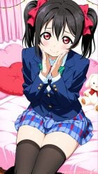 ai_generated bedroom black_thighhighs blazer blushing bulge embarrassed futanari heart_pillow intersex kinkyfuel looking_at_viewer love_live! love_live!_school_idol_project on_bed penis school_uniform sitting skirt_lift solo striped_skirt stuffed_animal twin_tails visible_penis_through_clothes yazawa_nico