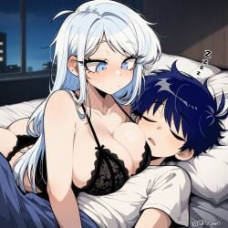 1_boy 1_girl ai_generated bed big_breasts blue_eyes blue_hair breasts_on_head cup_(object_invasion) fusionanimations huge_ass huge_breasts lingerie object_invasion object_show object_show_community object_shows sleeping toothy_(object_invasion) white_hair