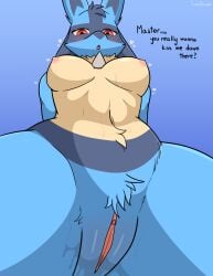 2025 anthro areola artist_name belly_tuft black_body black_fur black_inner_ear blue_background blue_body blue_ears blue_fur blush blush_lines bodily_fluids breasts cheek_tuft chest_spike clitoris crotch_tuft dialogue digital_media_(artwork) ear_tuft english_text eyelashes facial_tuft female female_anthro front_view fur generation_4_pokemon genital_fluids genitals hands_behind_back head_tuft heart_symbol hearts_around_head hi_res looking_at_viewer looking_down looking_down_at_viewer low-angle_view lucaforever lucario master medium_breasts multicolored_body multicolored_ears multicolored_fur navel neck_tuft nintendo nipples nude nude_anthro nude_female open_mouth pink_areola pink_nipples pink_tongue pink_vulva pokemon pokemon_(species) presenting presenting_vulva pupils pussy red_eyes signature simple_background solo spikes spikes_(anatomy) spread_legs spreading sweat talking_to_viewer text thick_thighs tongue tuft vaginal_fluids vulva yellow_body yellow_breasts yellow_fur